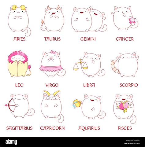 Horóscopo Felino Conjunto De Signo Zodiaco Carácter En Estilo Kawaii