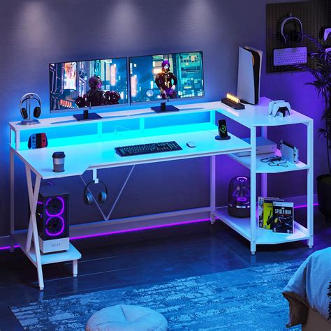 Gaming Desk with LED Lights and Storage Shelves, 70.8'' Computer Desk ...