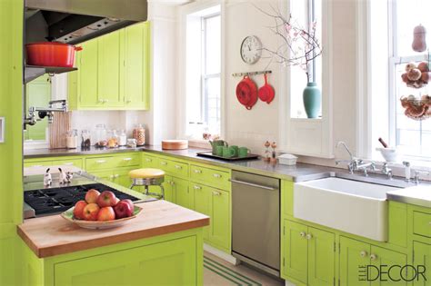 Lime Green Cabinets with Red Accents - Interiors By Color