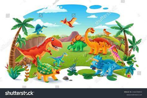 Grupo De Divertidos Dinosaurios De Dibujos Animados En La Off