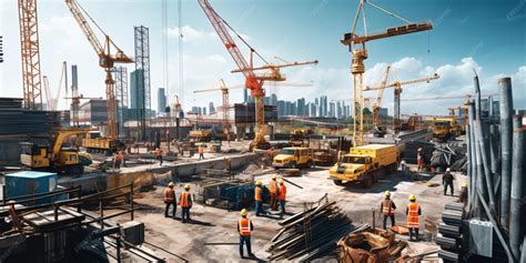premium photo busy construction site  workers  equipment