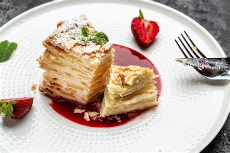 Tarta de napoleón con crema de vainilla cremosa manzanas y mermelada