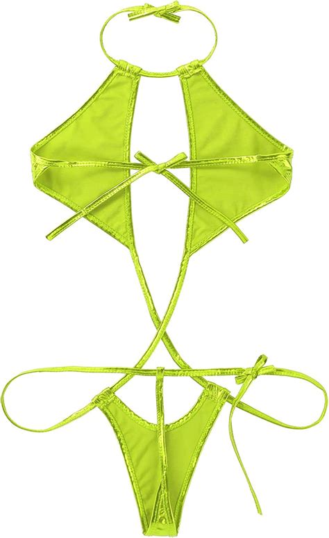 Agoky Womens Shiny Metallic Pvc Bikini Monokini Halter Neck Slingshot