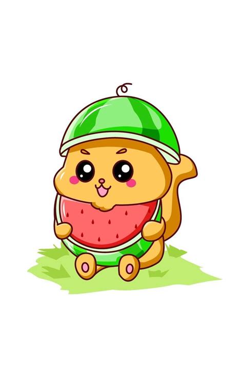 Cute cat eating watermelon in the summer cartoon illustration 3226709 ...