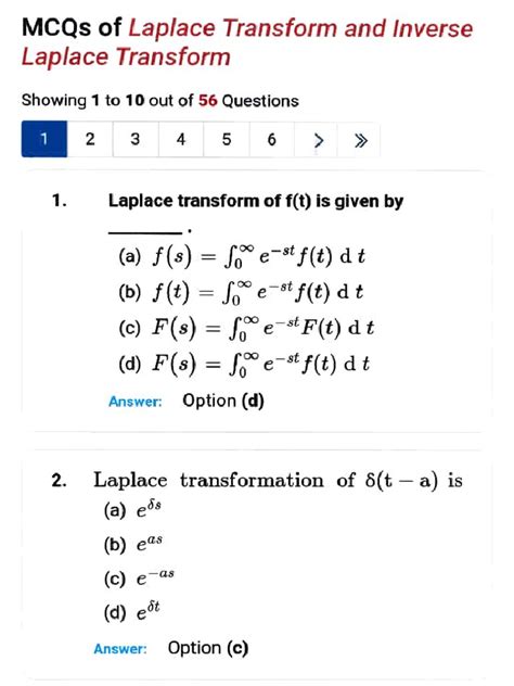 Laplace Transform And Inverse Laplace Transform Mcq Pdf Mathematical Analysis Mathematical