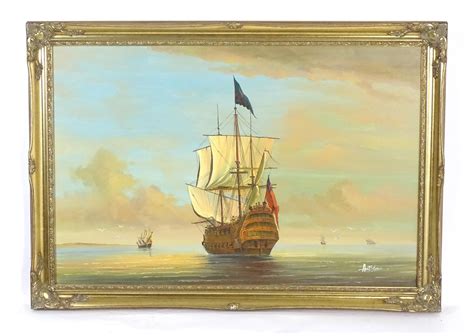 Continental School - Very Large Oil Painting Napoleonic Wars Ship Anchored in the Sunrise Sea ...