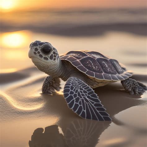 Una Tortuga Bebé Está En La Playa Al Atardecer Foto Premium