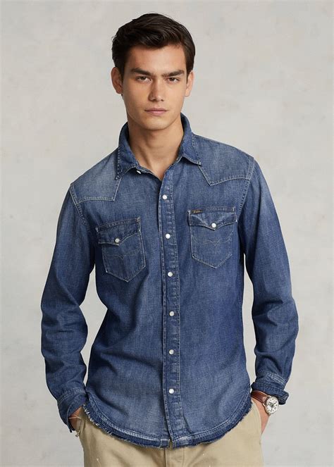 Ralph Lauren Frayed Hem Denim Western Shirt Online Sneaker Store