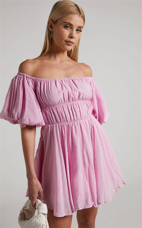 Jessra Mini Dress Off Shoulder Puff Sleeve Dress In Pink Showpo Usa