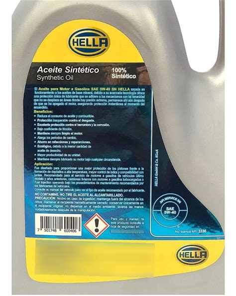 Aceite Para Motor Sintético Hella 5w40 Garrafa De 5 Litros Meses sin