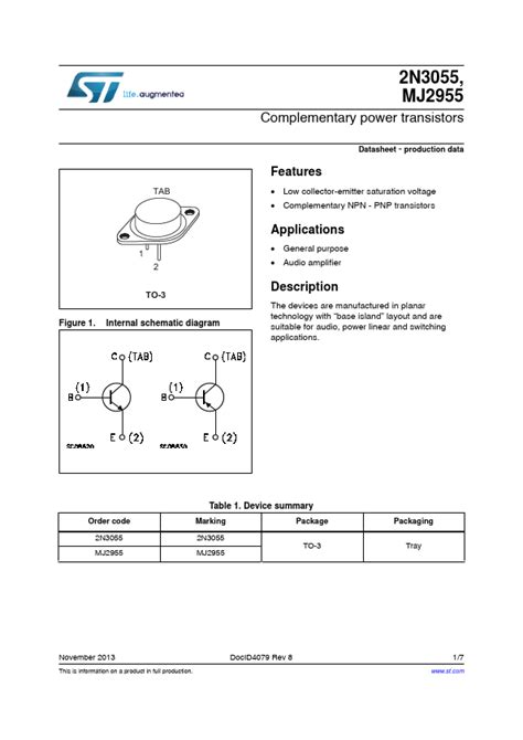 Mj2955 St Microelectronics Transistors Hoja De Datos Ficha Técnica