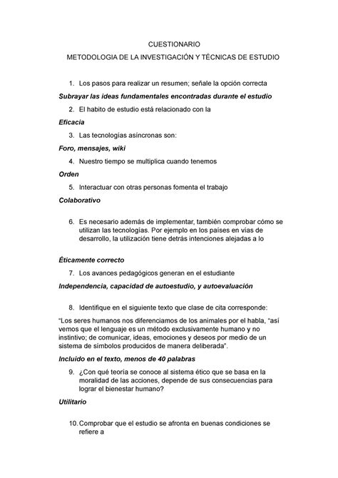 Examen 20 Junio 2019 Preguntas Y Respuestas CUESTIONARIO METODOLOGIA