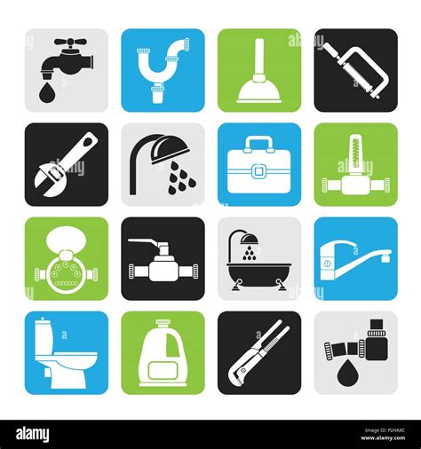 Silhouette Plumbing Objects And Tools Icons Vector Icon Set Stock