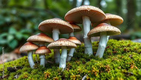 Group Of Psilocybin Mushrooms Growing On The Forest Moss Known As