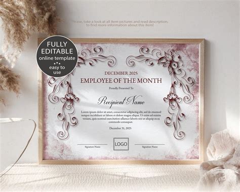 Employee Of The Month Or Year Editable Certificate Template Etsy