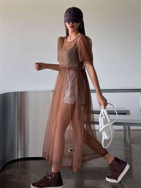 dazy pc frill trim sheer mesh dress sheer dresses outfit sheer mesh