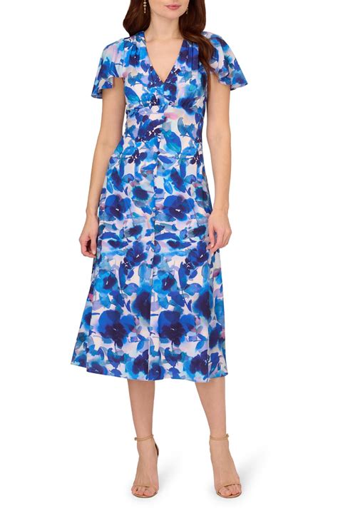 Adrianna Papell Floral Chiffon Midi Dress Blue Multi Editorialist