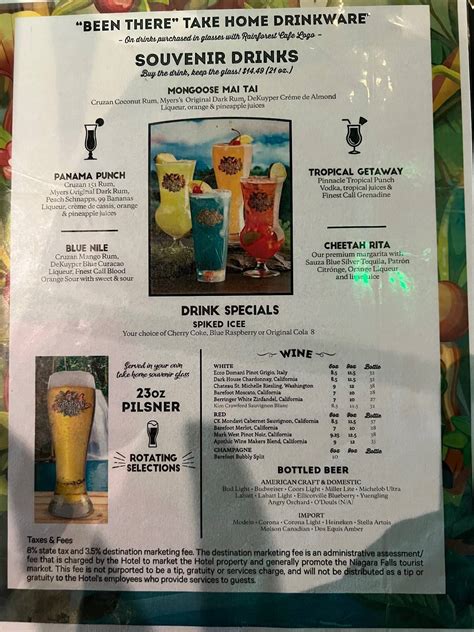 Menu at Rainforest Cafe Niagara Falls Canada, Niagara Falls, Clifton Hill