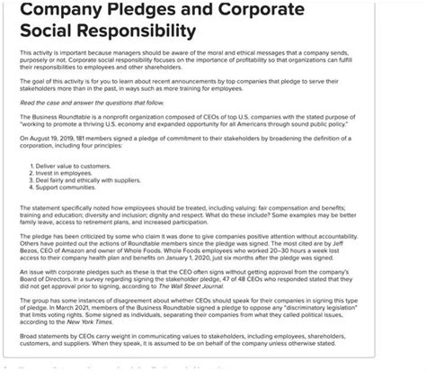 Solved Company Pledges And Corporate Social Responsibility