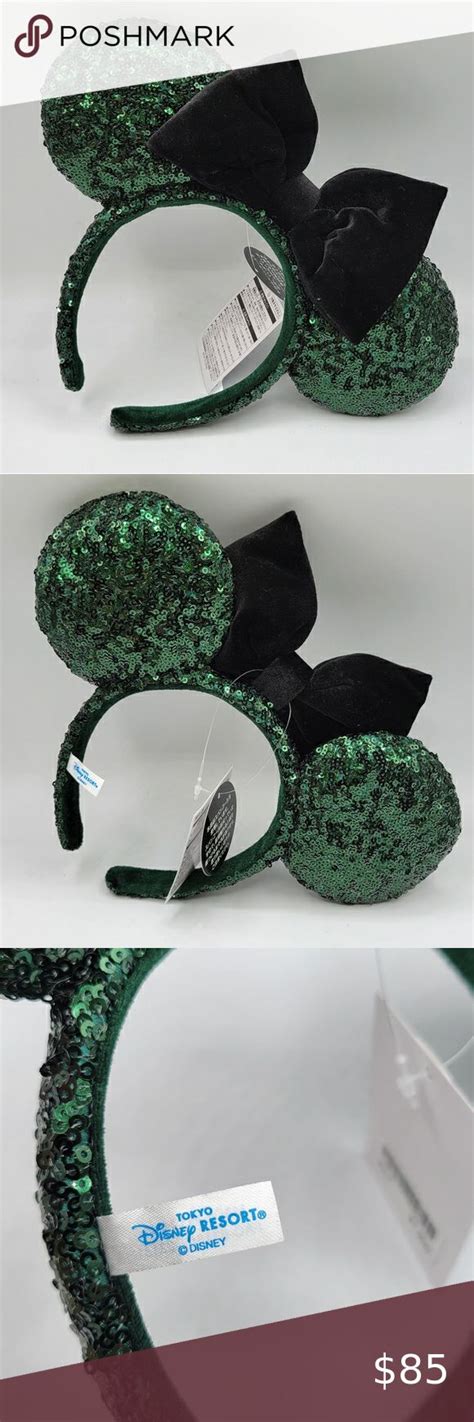 New Tokyo Disney Resort Emerald Green Minnie Sequin Ears Black Velvet