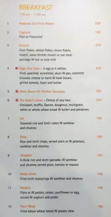 Menu Of Citrus Cafe Lemon Tree Hotel Cidco Aurangabad