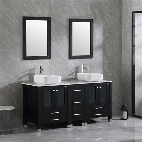 Wonline Modern 60 Black Wood Bathroom Vanity W Double White Ceramic Sinks And Mirror