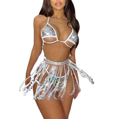 Sengtong Sexy Lace Up Crochet Bikini Set With Fringe Skirt Piece