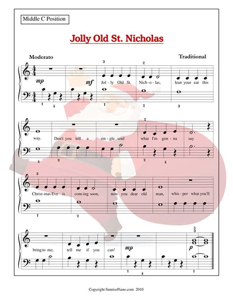 Jolly Old St Nicholas Middle C Elementary Piano Sheet Music