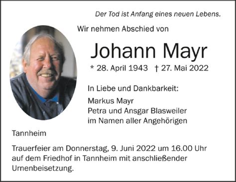 Traueranzeigen Von Johann Mayr Schwaebische De Trauerportal