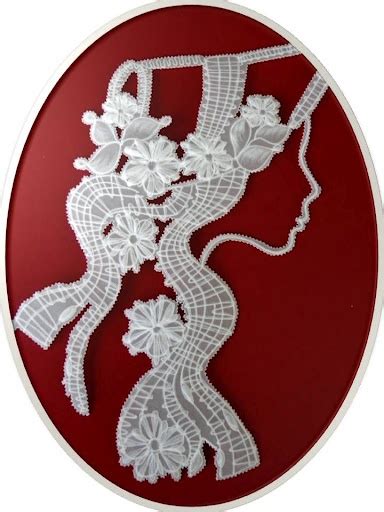 A Red Circle With White Lace And Flowers In The Shape Of A Woman S Head