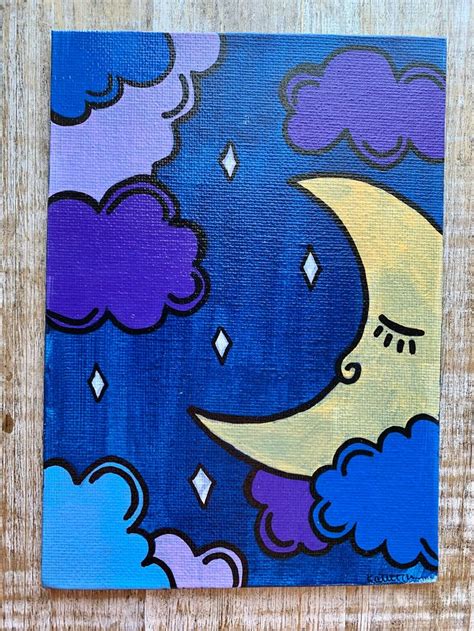 An Acrylic Painting Of A Moon And Clouds On A Wood Background With Blue Sky