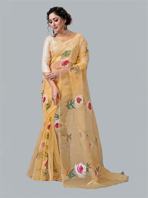 Buy Fashion FRICKS Yellow Red Floral Organza Saree Sarees For Women