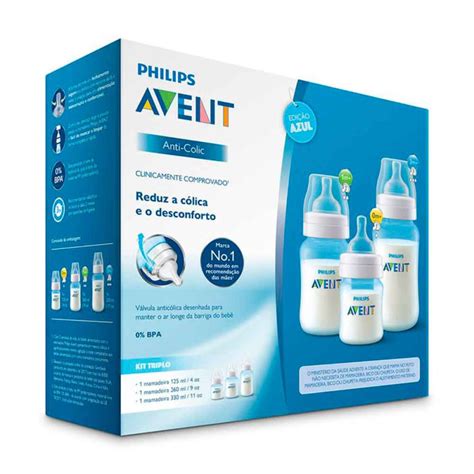 Kit 3 Mamadeiras Anticólica 125 260 330ml Clássica Azul