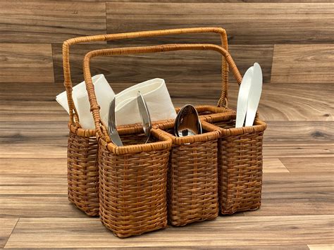 Vintage Flatware Caddy Silverware Holder Basket Carrying Bin Utensil