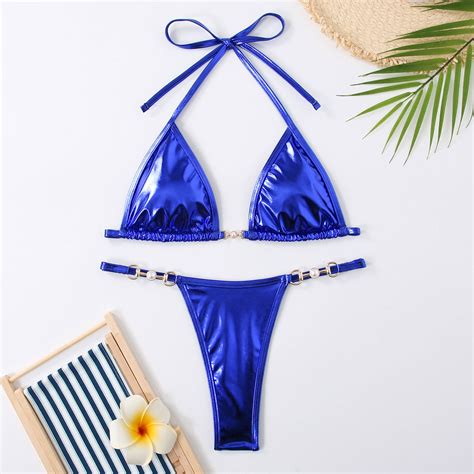 Sexy Micro Bikini 2024 Women Swimwear Metallic Halter Triangle Bikinis