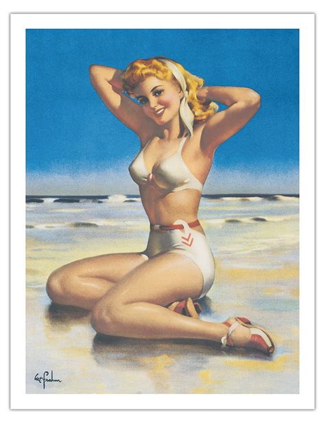 Yours For The Basking Blonde Swimsuit Beauty On Beach Vintage Pin Up Girl Print By Art Frahm