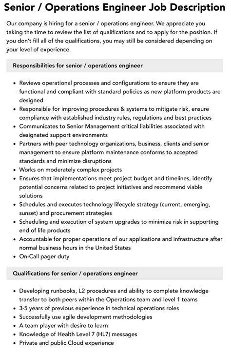 Senior / Operations Engineer Job Description | Velvet Jobs