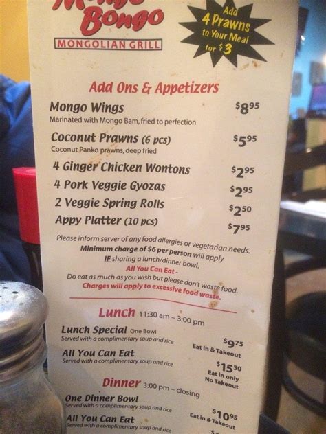 Menu At Mongo Bongo Mongolian Grill Restaurant New Westminster