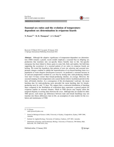 PDF Seasonal Sex Ratios And The Evolution Of Temperature Dependent