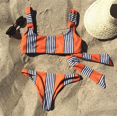 2019 Reversible Bikinis Double Straps Stripe Swimsuit Women Swimwear