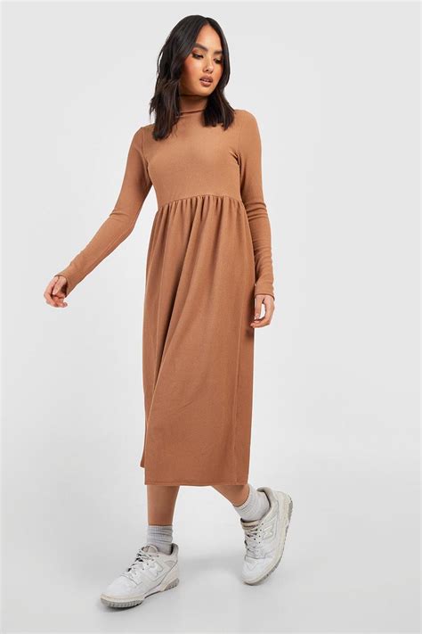 Womens Crinkle Rib Roll Neck Midi Dress Boohoo Uk