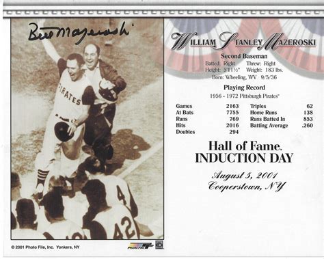 Bill Mazeroski Autographed Signed Pittsburgh Pirates Hof X Induction