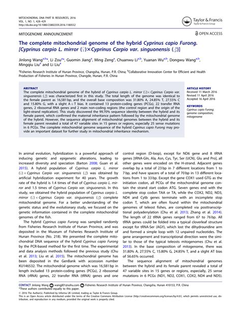 Pdf The Complete Mitochondrial Genome Of The Hybrid Cyprinus Capio