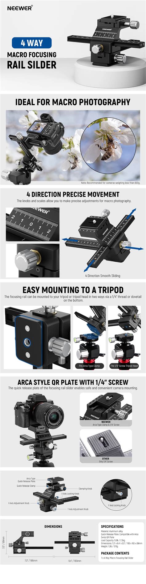 NEEWER 4 Way Macro Focusing Rail Slider