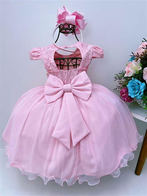 Vestido Infantil Rosa Rendado Flores Em Aplique Luxo Rosa Charmosa