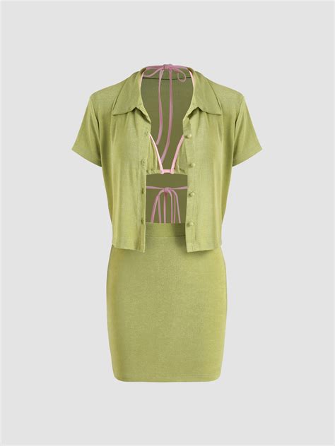 3 Piece Bikini Top With Shirt Skirt Set Cider