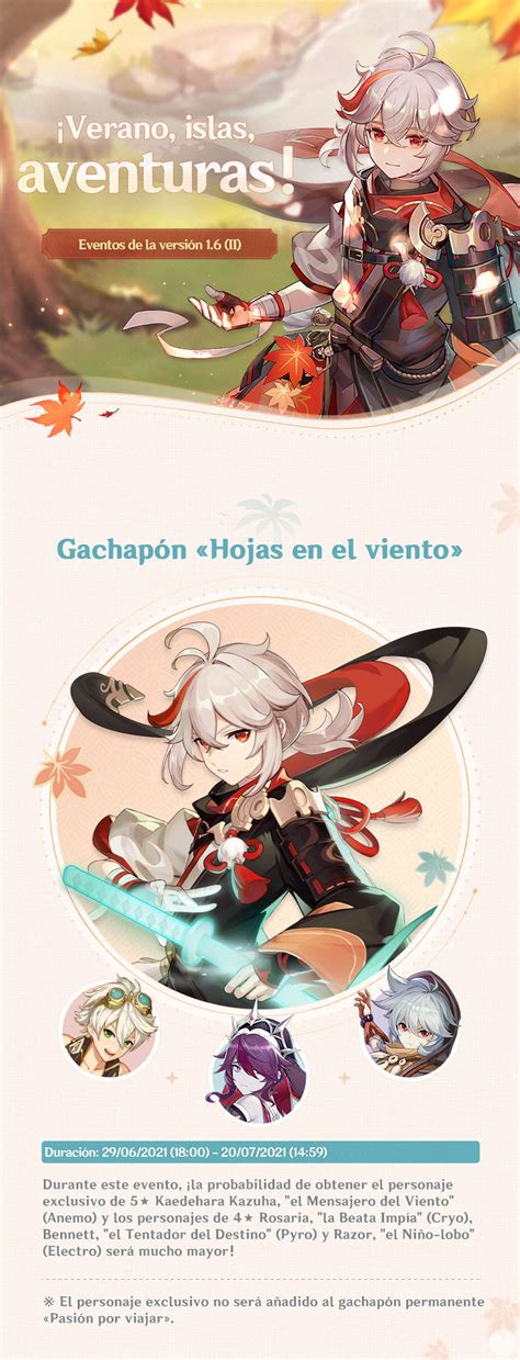 Genshin Impact Gachapón de Kazuha y nuevos eventos y recompensas de la