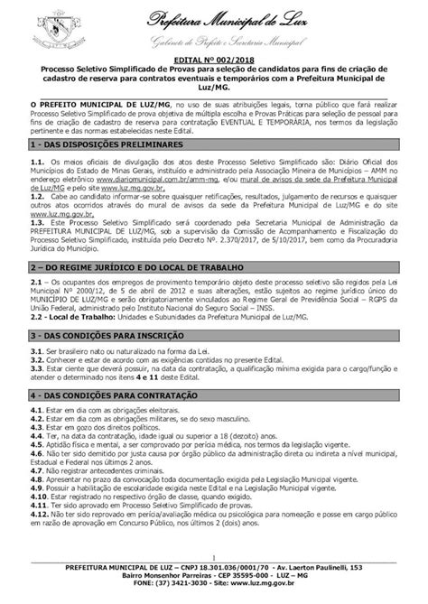 PDF Prefeitura Municipal De Luz Processo Seletivo Simplificado De