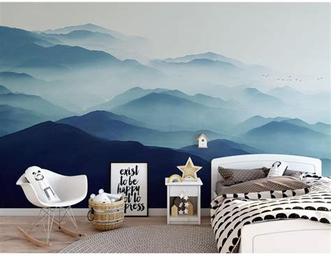 Ombre Mountains Mural Wallpaper Geometry Mountain Landscape Etsy