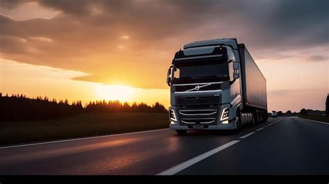 Um caminhão volvo branco dirigindo em uma estrada ao pôr do sol Foto